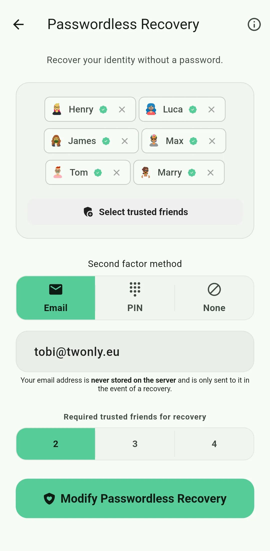 Passwordless Recovery setup screen