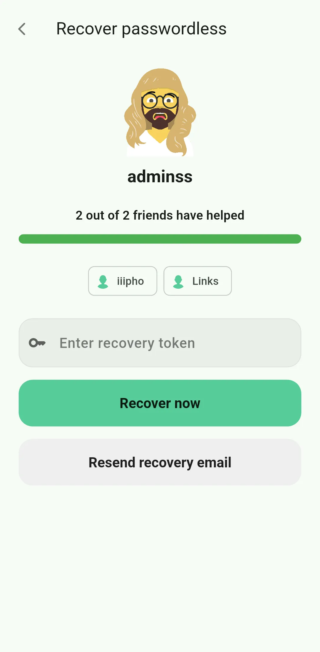 Entering the recovery token