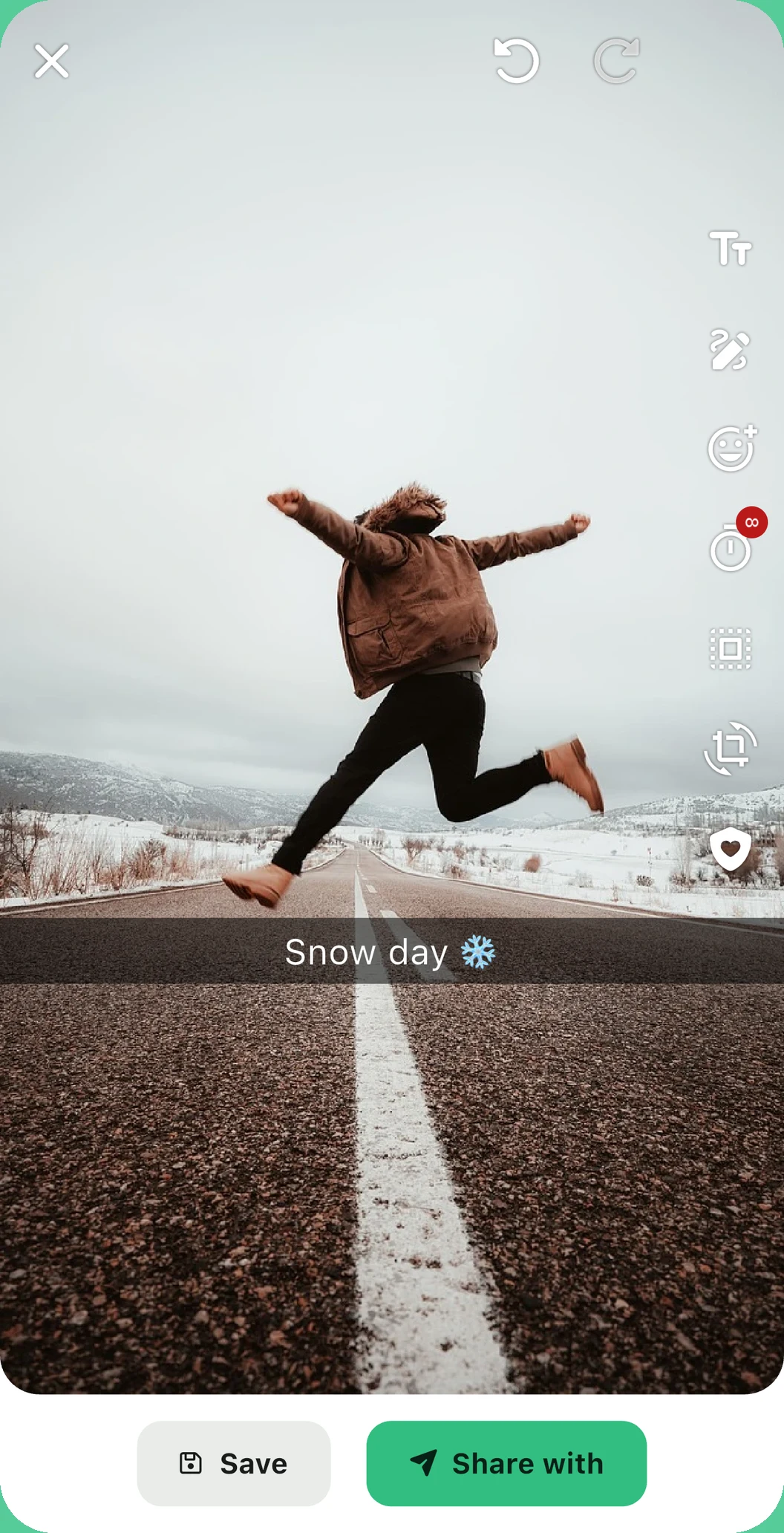 A snow day photo ready to share privately with friends on twonly